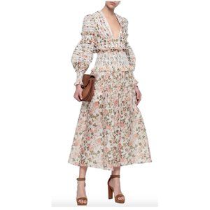 ZIMMERMANN Shirred Floral Linen Silk Midi Skirt